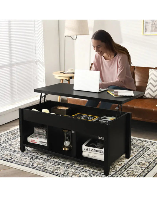 Lift Top Coffee Table with Hidden Storage Compartment-Black - Black - Coffee Tables