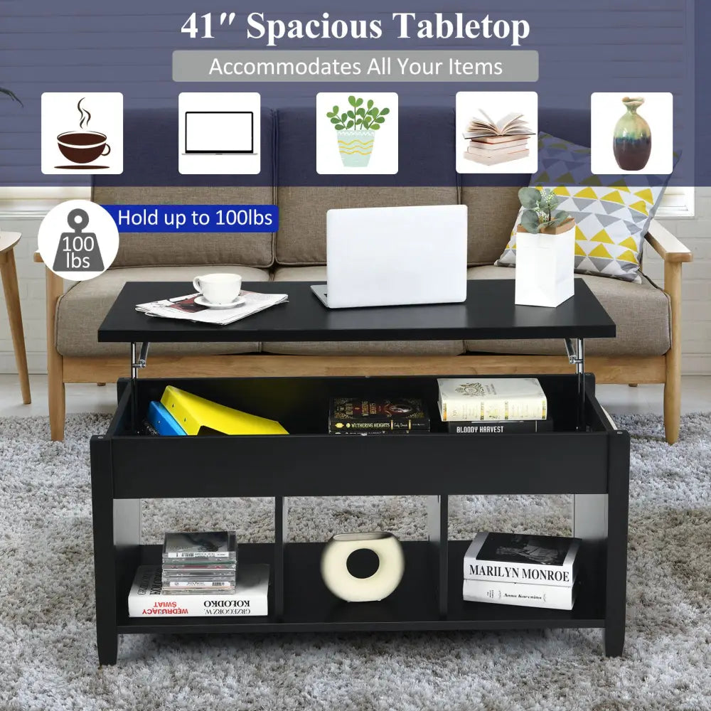 Lift Top Coffee Table with Hidden Storage Compartment-Black - Black - Coffee Tables