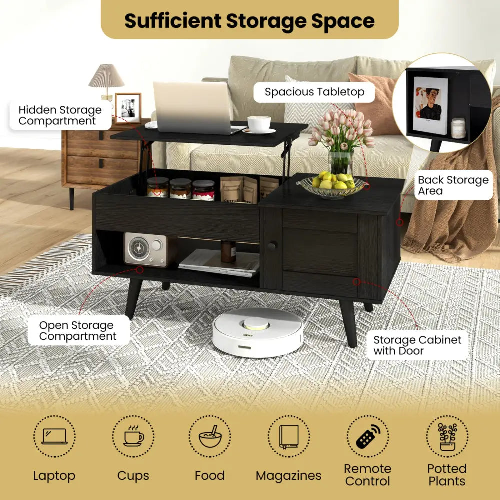 Lift Top Coffee Table with Storage and Hidden Compartment-Black - Black - Coffee Tables