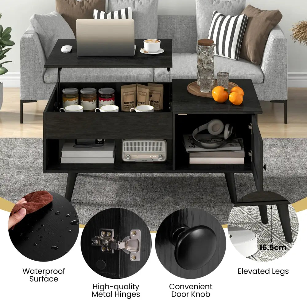 Lift Top Coffee Table with Storage and Hidden Compartment-Black - Black - Coffee Tables