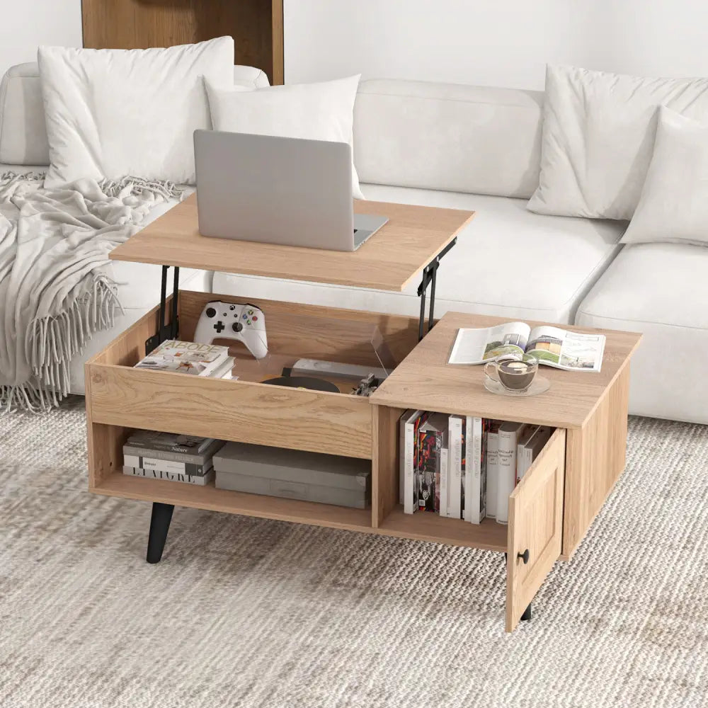 Lift Top Coffee Table with Storage and Hidden Compartment-Natural - Natural - Coffee Tables