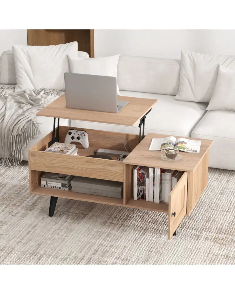 Lift Top Coffee Table with Storage and Hidden Compartment-Natural - Natural - Coffee Tables