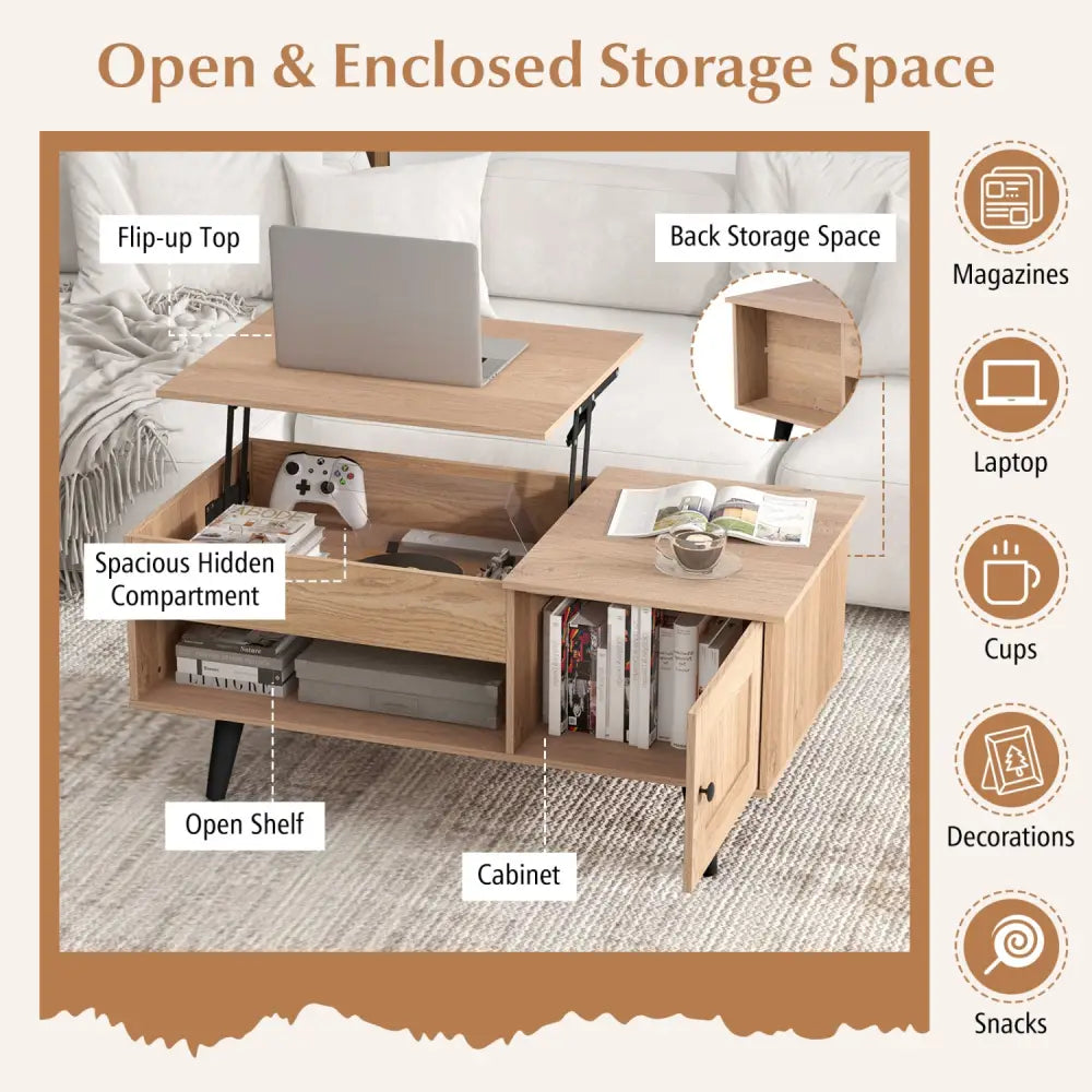 Lift Top Coffee Table with Storage and Hidden Compartment-Natural - Natural - Coffee Tables