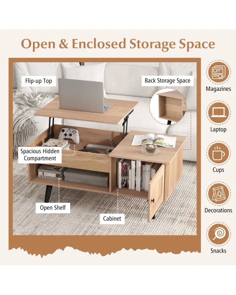 Lift Top Coffee Table with Storage and Hidden Compartment-Natural - Natural - Coffee Tables