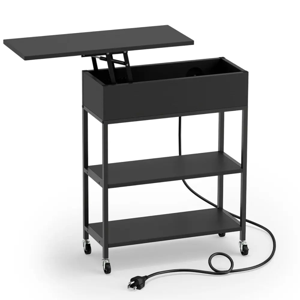 Lift Top End Table with Charging Station and Universal Wheels-Black - Black - End & Side Tables
