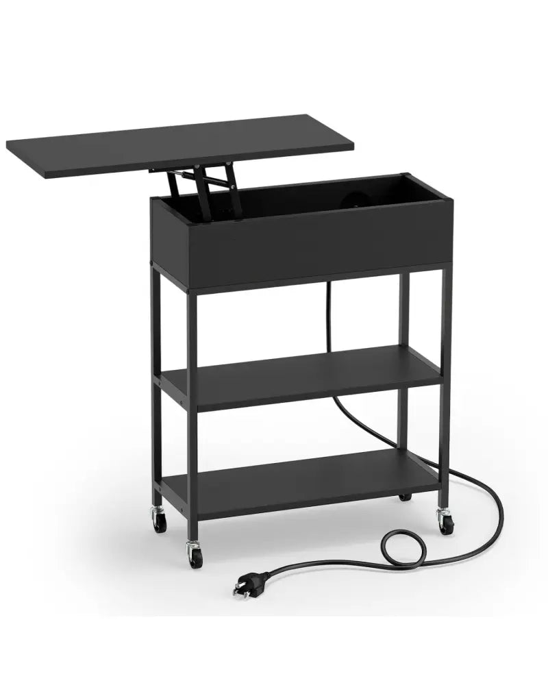 Lift Top End Table with Charging Station and Universal Wheels-Black - Black - End & Side Tables