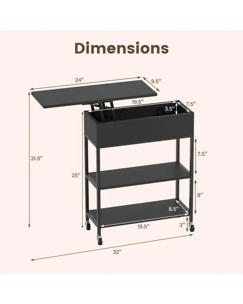Lift Top End Table with Charging Station and Universal Wheels-Black - Black - End & Side Tables