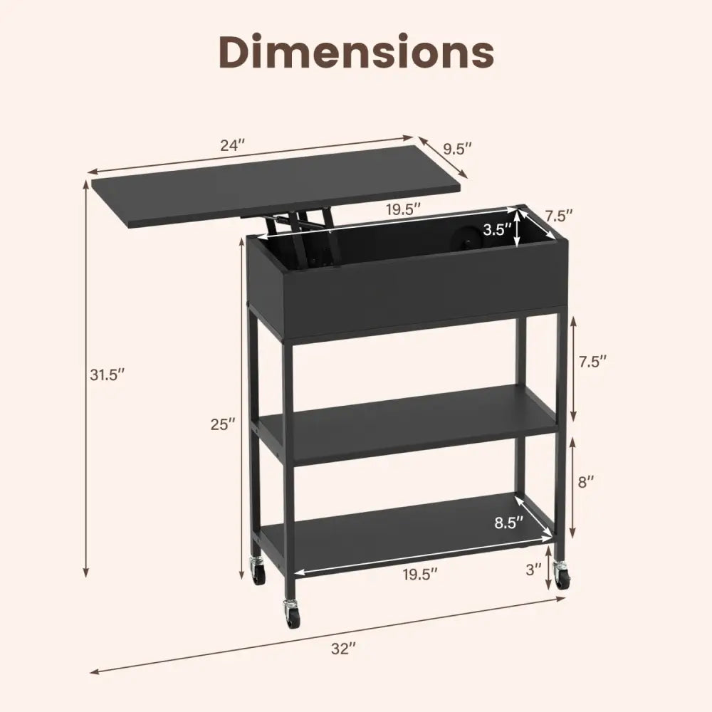 Lift Top End Table with Charging Station and Universal Wheels-Black - Black - End & Side Tables