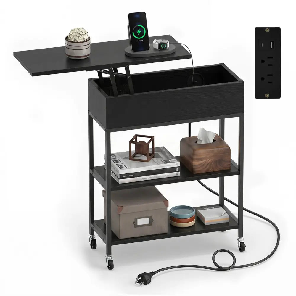 Lift Top End Table with Charging Station and Universal Wheels-Black - Black - End & Side Tables