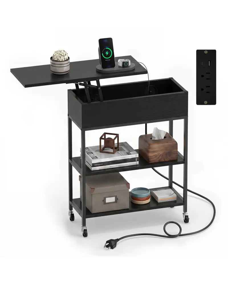 Lift Top End Table with Charging Station and Universal Wheels-Black - Black - End & Side Tables