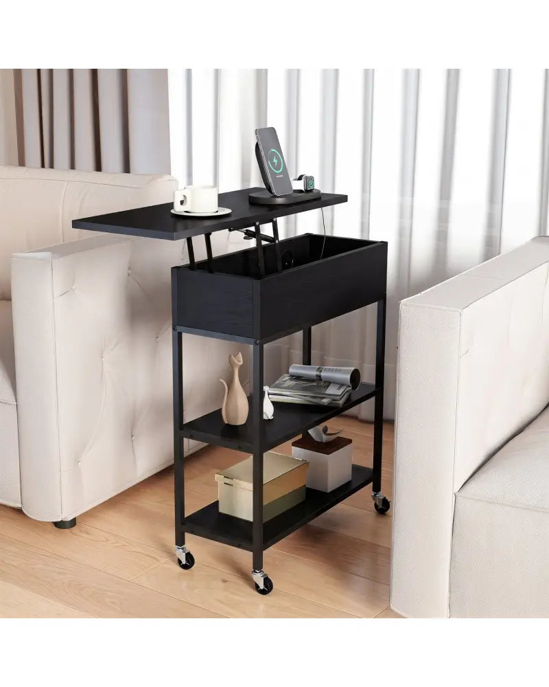 Lift Top End Table with Charging Station and Universal Wheels-Black - Black - End & Side Tables