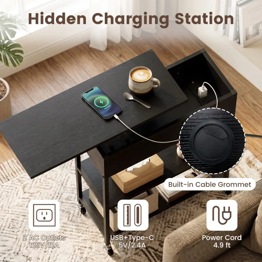 Lift Top End Table with Charging Station and Universal Wheels-Black - Black - End & Side Tables