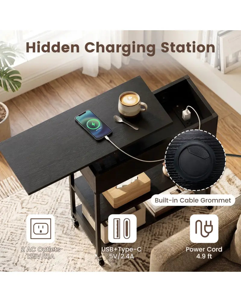 Lift Top End Table with Charging Station and Universal Wheels-Black - Black - End & Side Tables