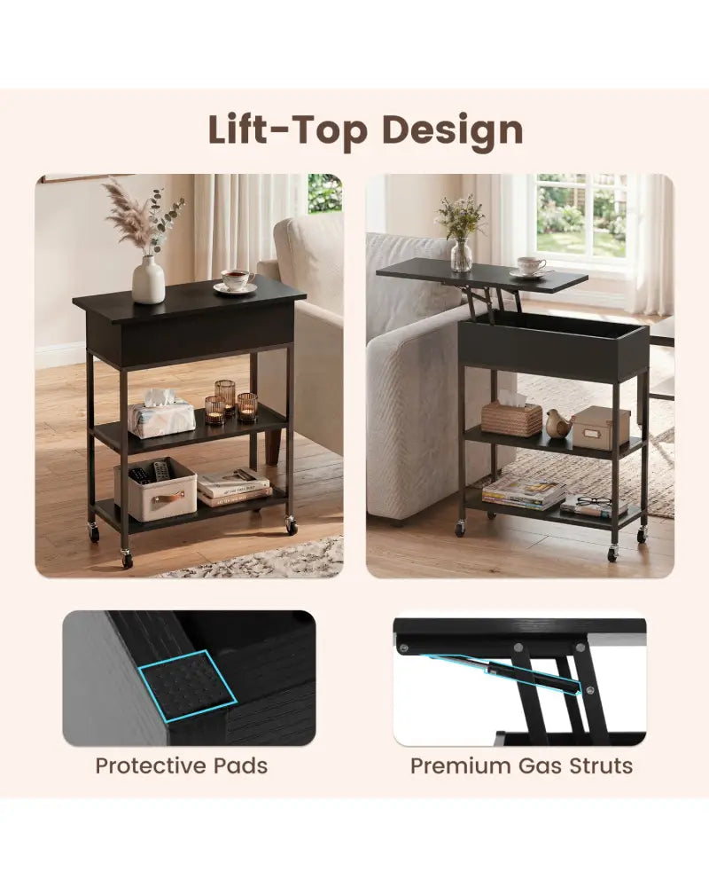 Lift Top End Table with Charging Station and Universal Wheels-Black - Black - End & Side Tables