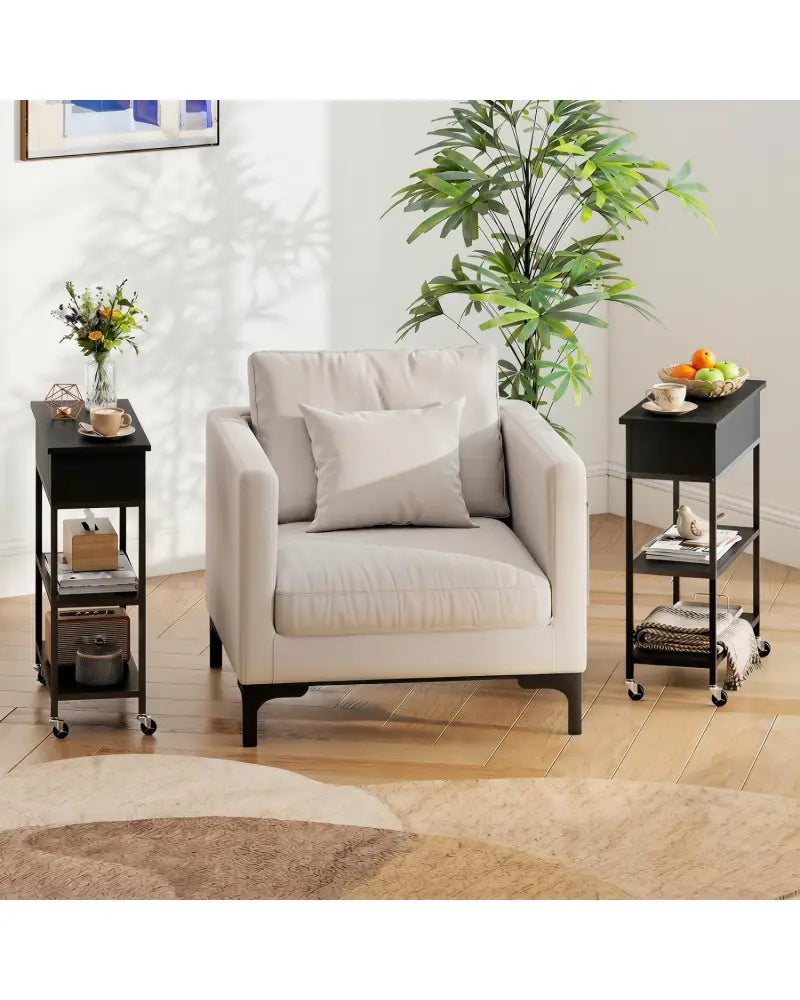 Lift Top End Table with Charging Station and Universal Wheels-Black - Black - End & Side Tables