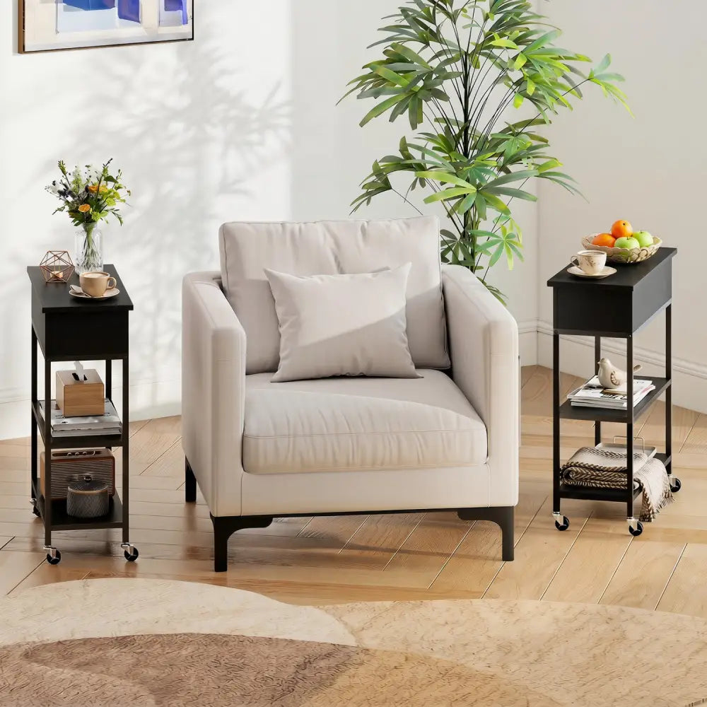 Lift Top End Table with Charging Station and Universal Wheels-Black - Black - End & Side Tables