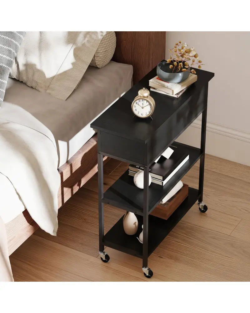 Lift Top End Table with Charging Station and Universal Wheels-Black - Black - End & Side Tables