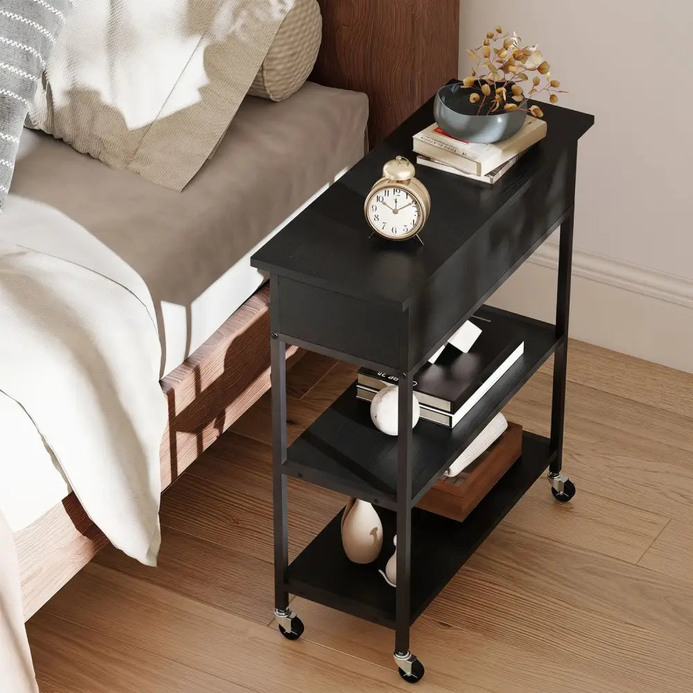Lift Top End Table with Charging Station and Universal Wheels-Black - Black - End & Side Tables