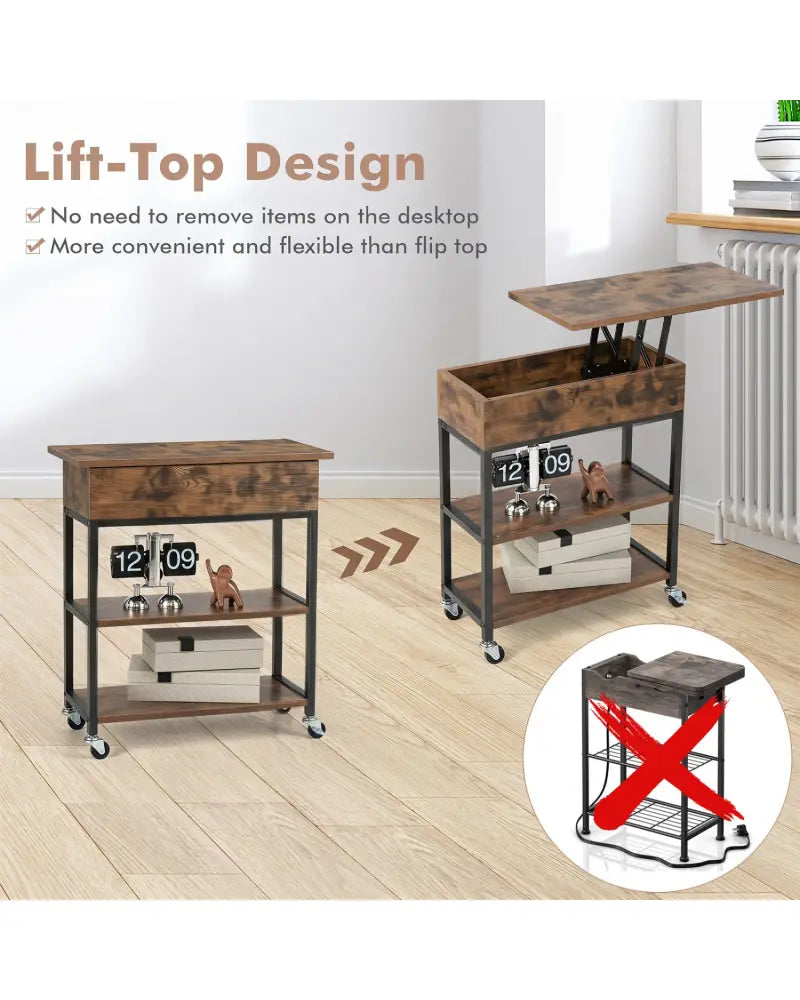 Lift Top End Table with Charging Station and Universal Wheels-Rustic Brown - Rustic Brown - End & Side Tables