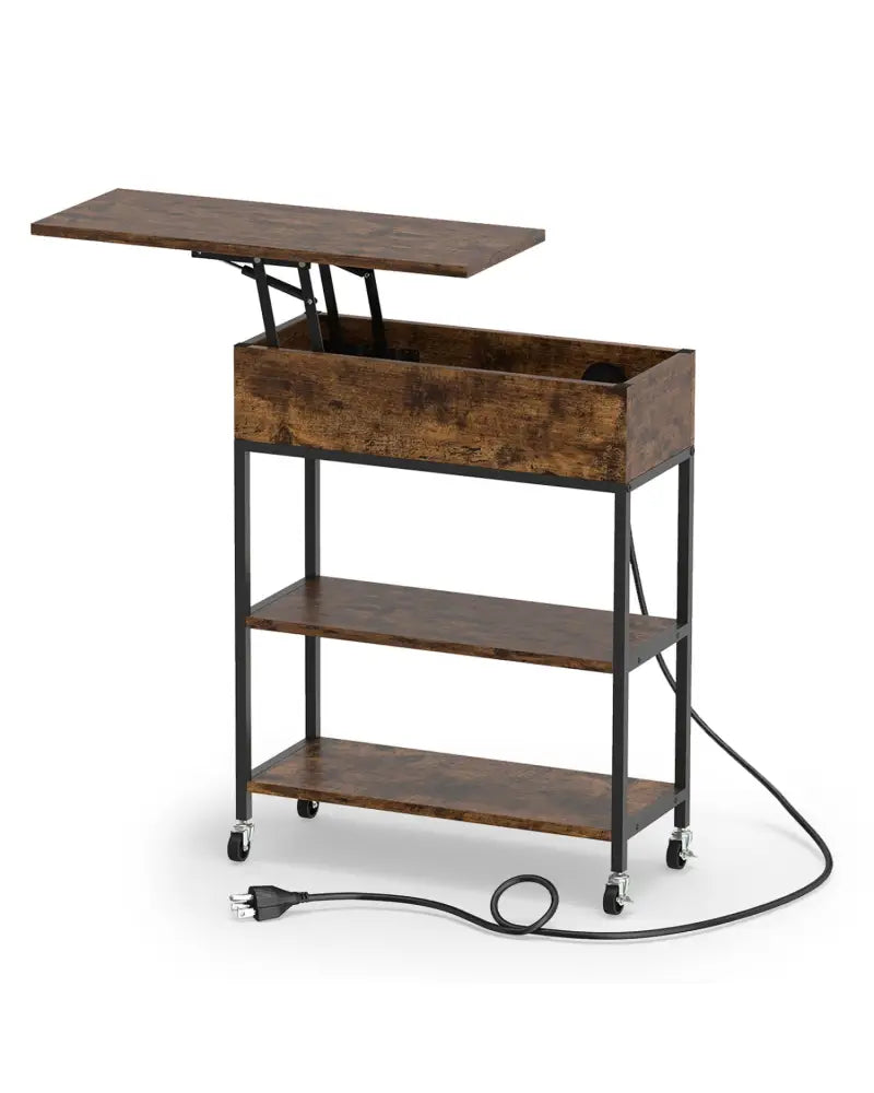 Lift Top End Table with Charging Station and Universal Wheels-Rustic Brown - Rustic Brown - End & Side Tables