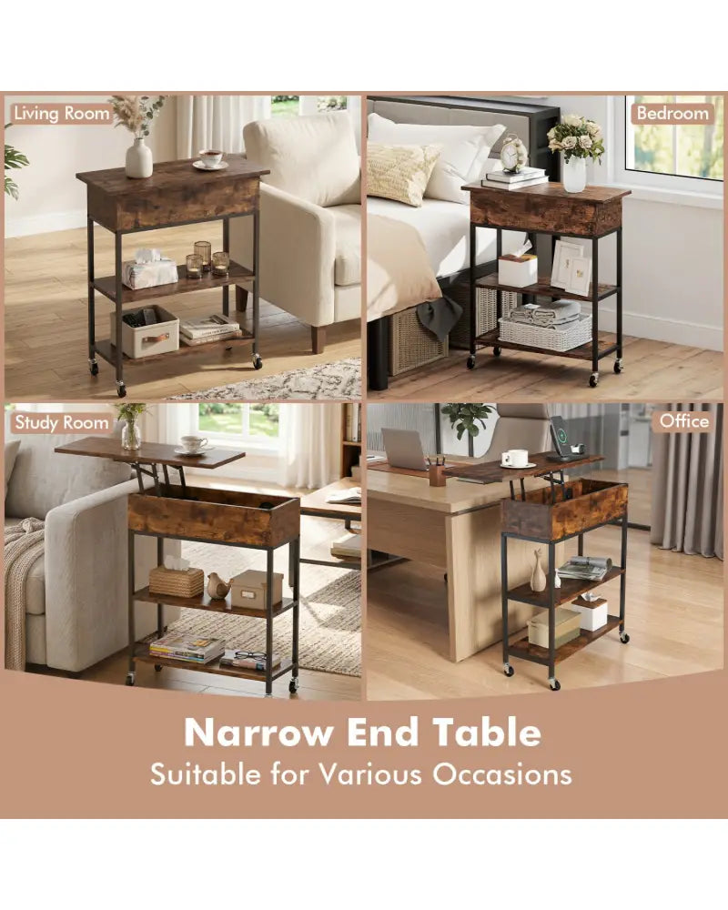 Lift Top End Table with Charging Station and Universal Wheels-Rustic Brown - Rustic Brown - End & Side Tables