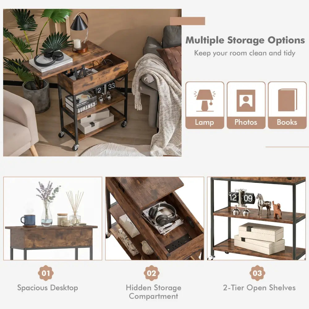 Lift Top End Table with Charging Station and Universal Wheels-Rustic Brown - Rustic Brown - End & Side Tables