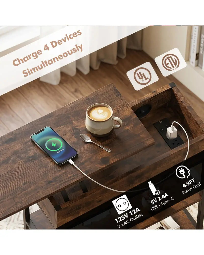 Lift Top End Table with Charging Station and Universal Wheels-Rustic Brown - Rustic Brown - End & Side Tables