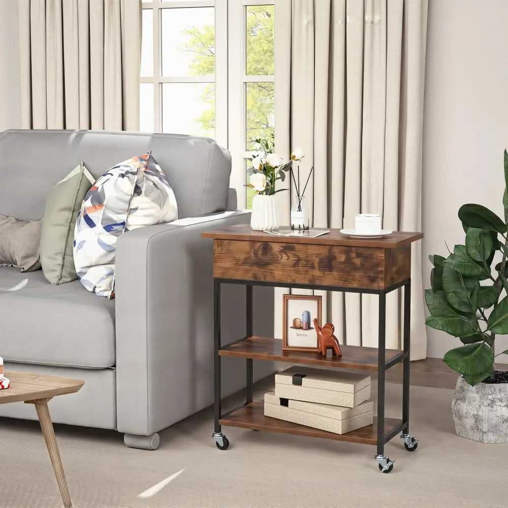 Lift Top End Table with Charging Station and Universal Wheels-Rustic Brown - Rustic Brown - End & Side Tables