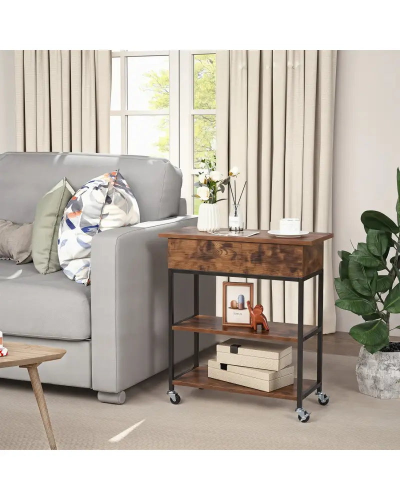 Lift Top End Table with Charging Station and Universal Wheels-Rustic Brown - Rustic Brown - End & Side Tables