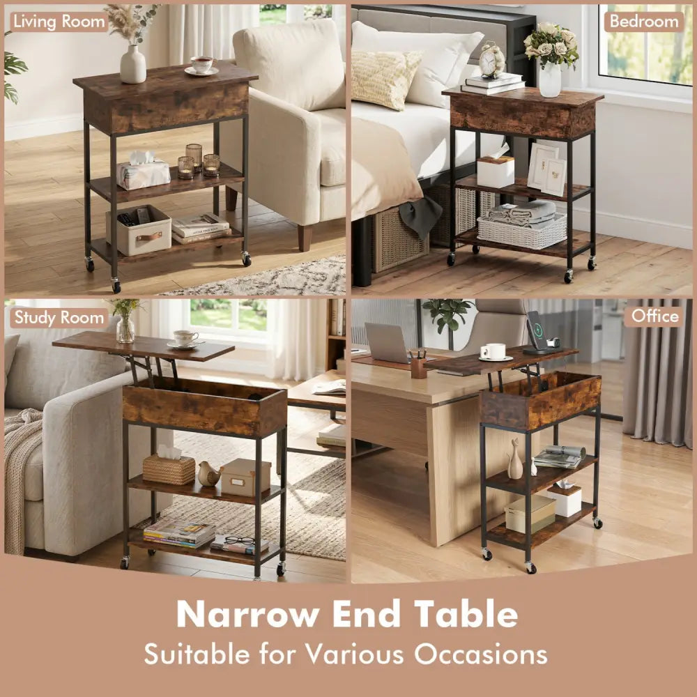 Lift Top End Table with Charging Station and Universal Wheels-Rustic Brown - Rustic Brown - End & Side Tables