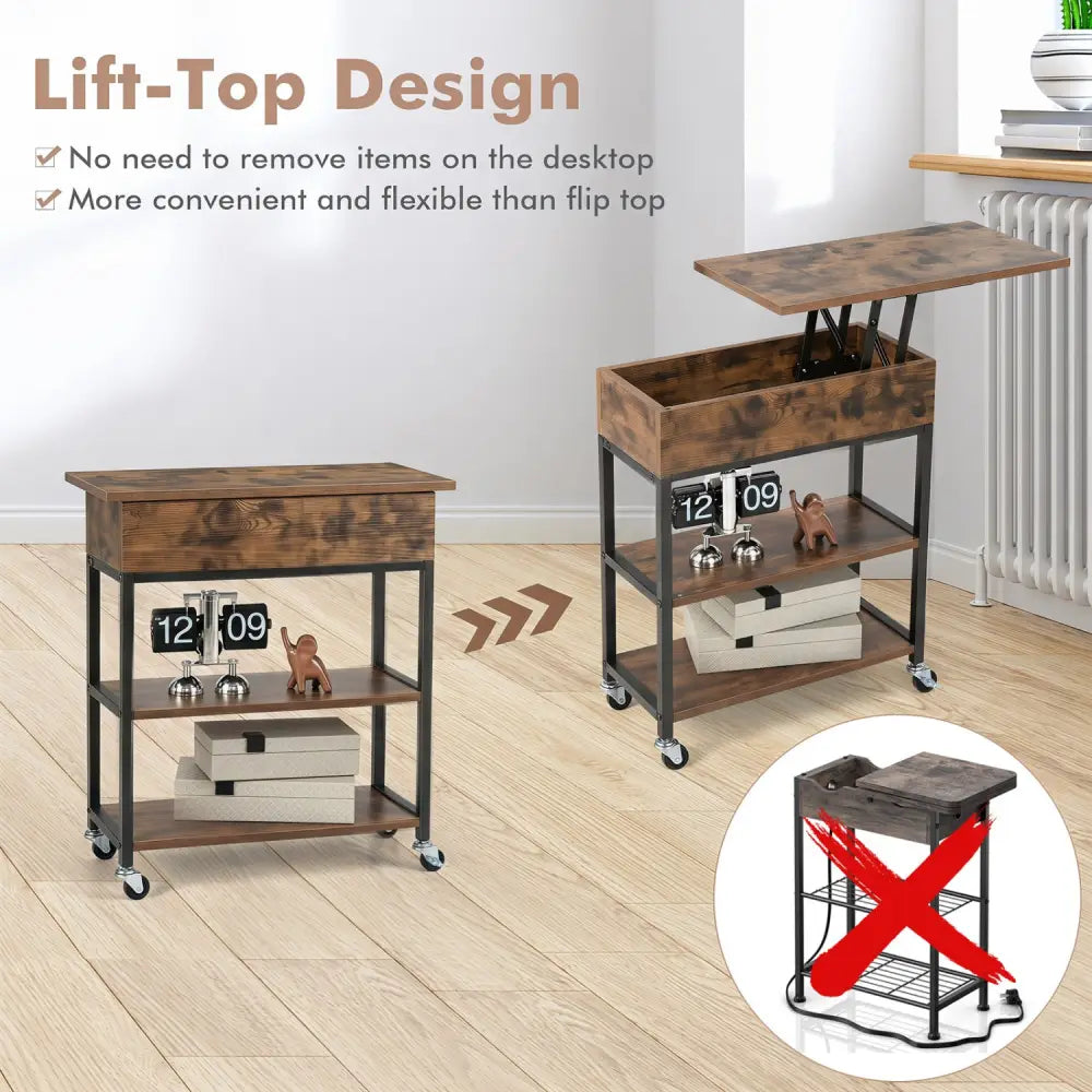 Lift Top End Table with Charging Station and Universal Wheels-Rustic Brown - Rustic Brown - End & Side Tables