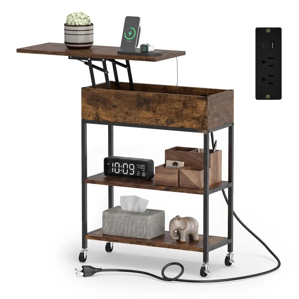 Lift Top End Table with Charging Station and Universal Wheels-Rustic Brown - Rustic Brown - End & Side Tables
