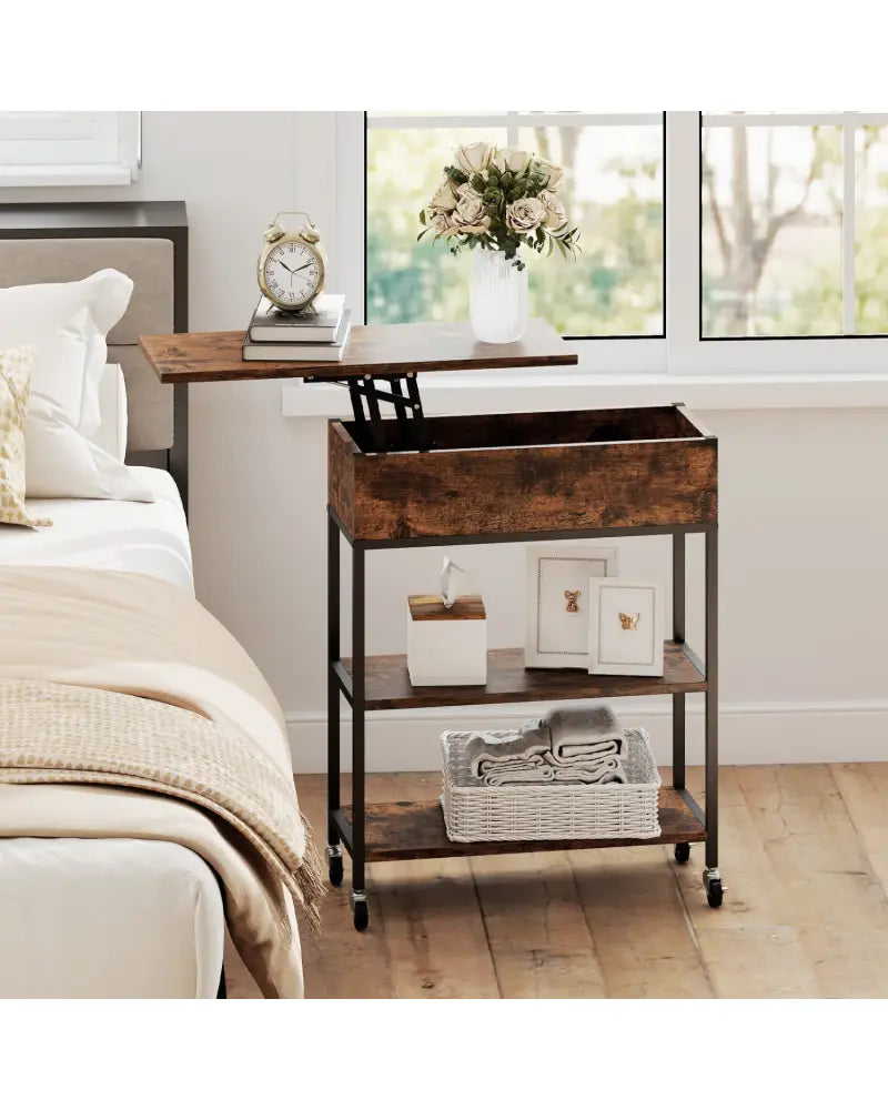 Lift Top End Table with Charging Station and Universal Wheels-Rustic Brown - Rustic Brown - End & Side Tables