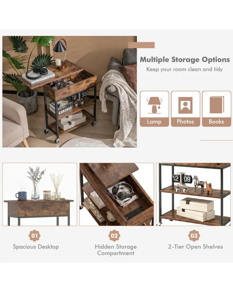 Lift Top End Table with Charging Station and Universal Wheels-Rustic Brown - Rustic Brown - End & Side Tables