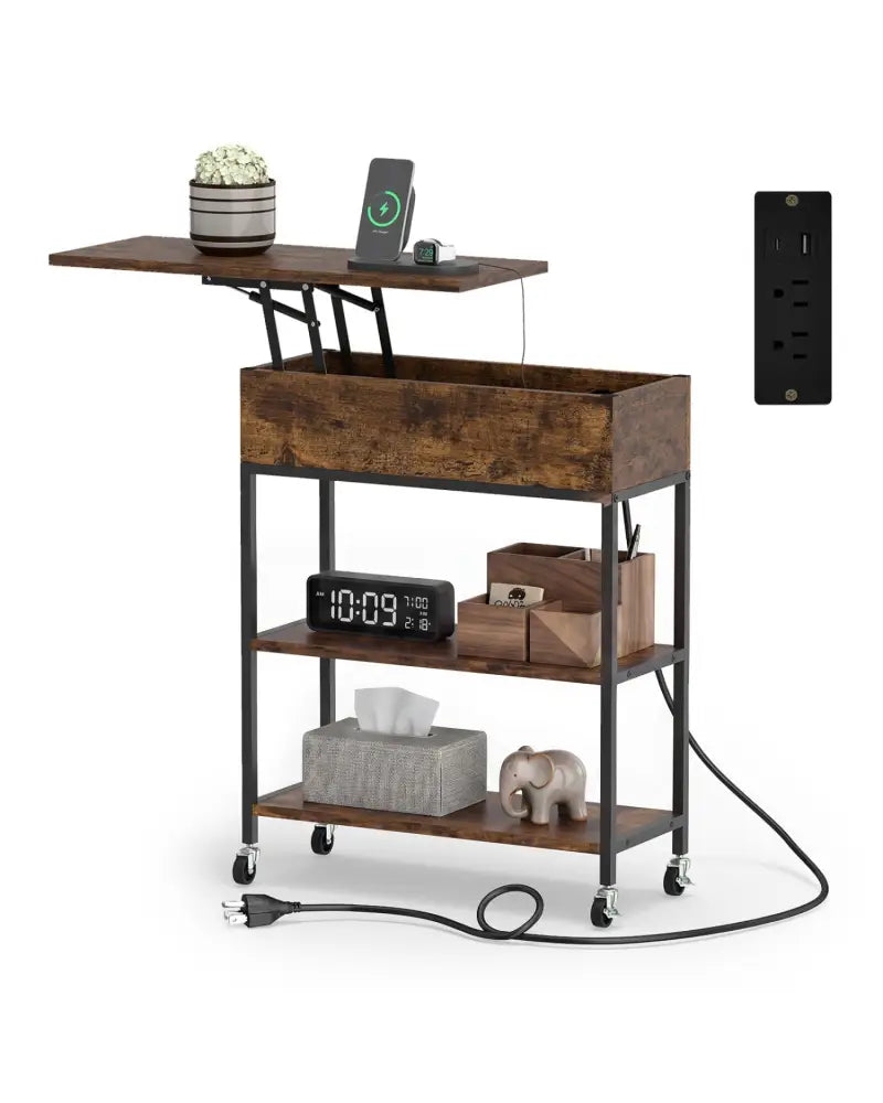 Lift Top End Table with Charging Station and Universal Wheels-Rustic Brown - Rustic Brown - End & Side Tables