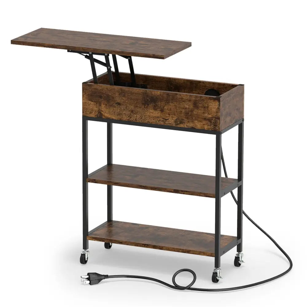 Lift Top End Table with Charging Station and Universal Wheels-Rustic Brown - Rustic Brown - End & Side Tables