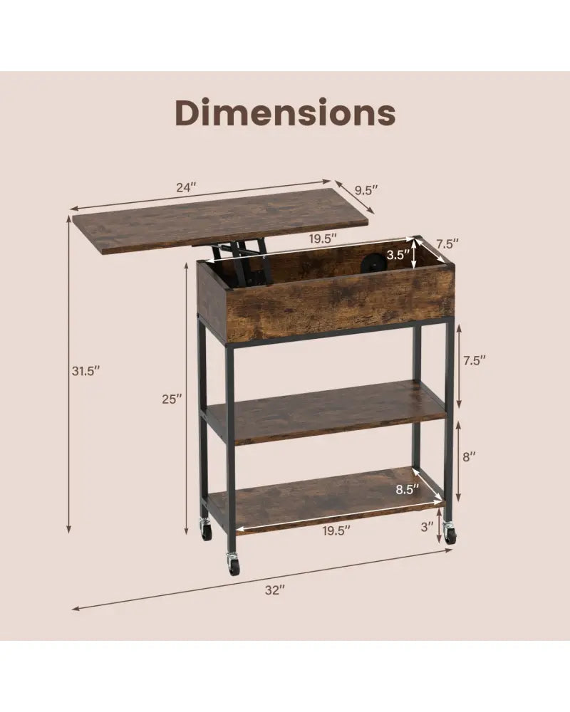Lift Top End Table with Charging Station and Universal Wheels-Rustic Brown - Rustic Brown - End & Side Tables