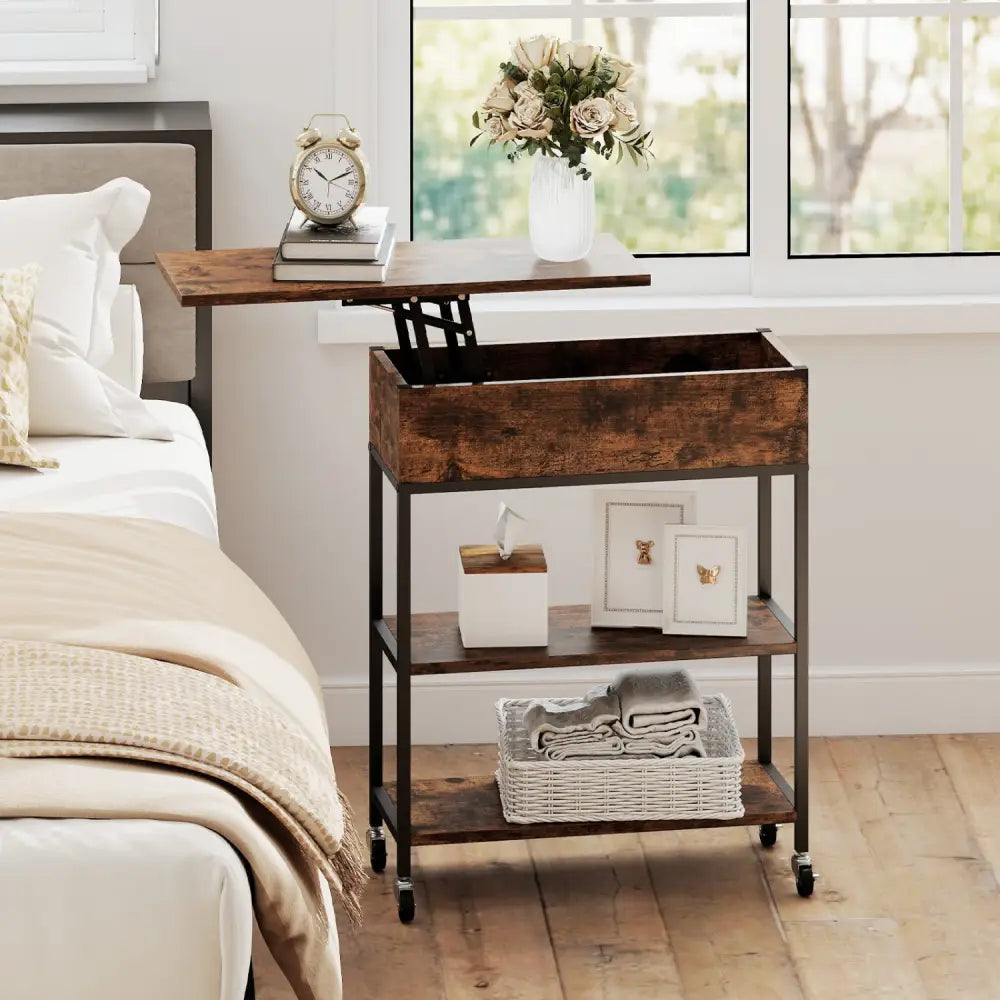 Lift Top End Table with Charging Station and Universal Wheels-Rustic Brown - Rustic Brown - End & Side Tables