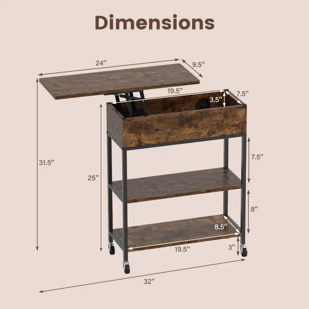 Lift Top End Table with Charging Station and Universal Wheels-Rustic Brown - Rustic Brown - End & Side Tables