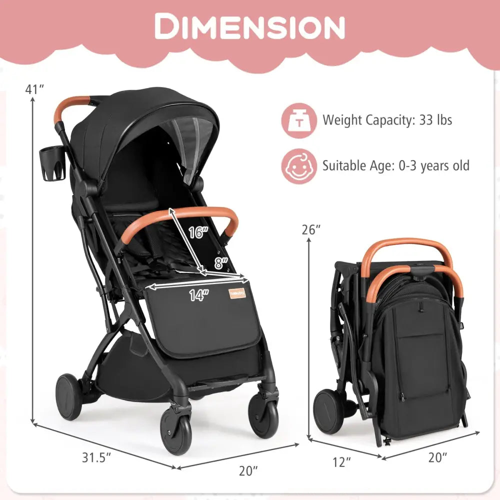 Lightweight Baby Stroller Compact Travel Stroller with One-Hand Folding-Black - Black - Baby Strollers