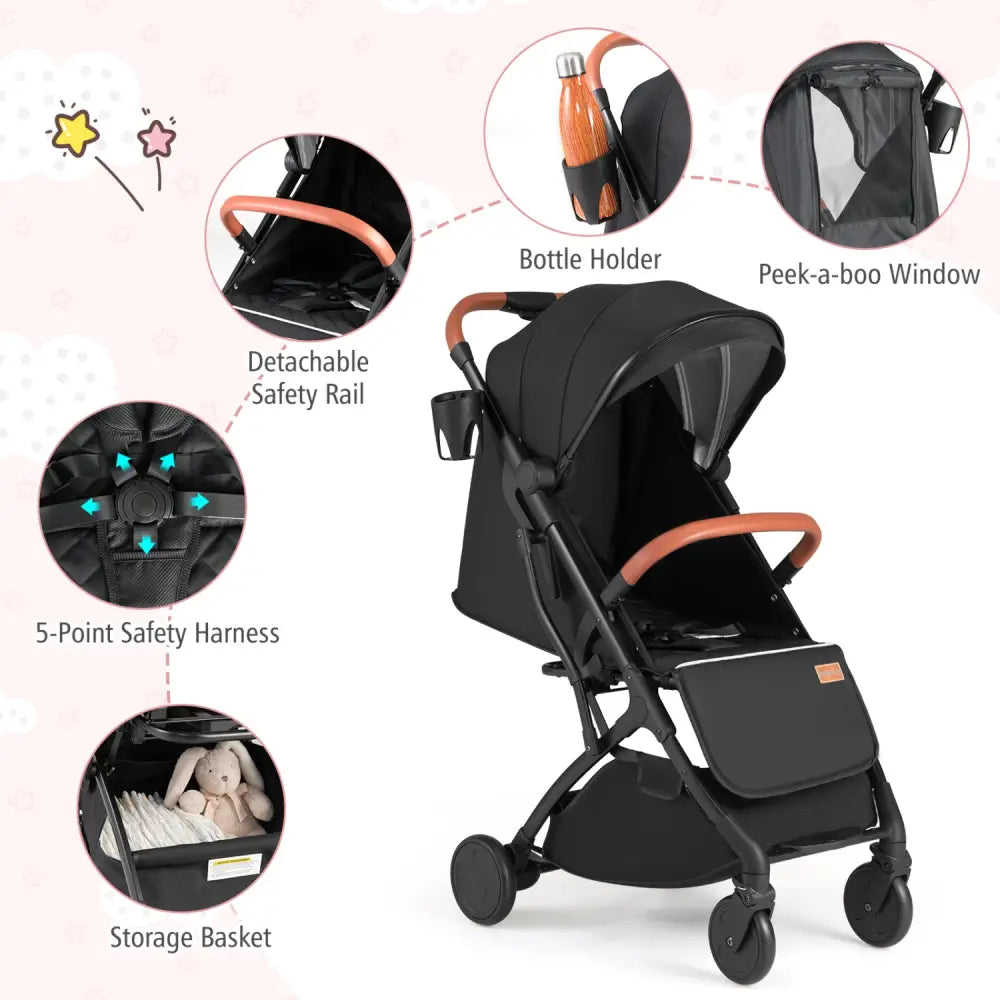 Lightweight Baby Stroller Compact Travel Stroller with One-Hand Folding-Black - Black - Baby Strollers
