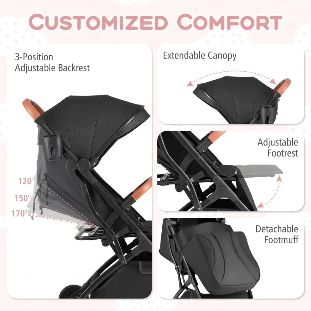 Lightweight Baby Stroller Compact Travel Stroller with One-Hand Folding-Black - Black - Baby Strollers