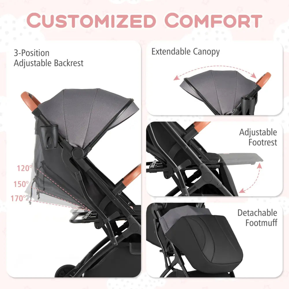Lightweight Baby Stroller Compact Travel Stroller with One-Hand Folding-Gray - Gray - Baby Strollers