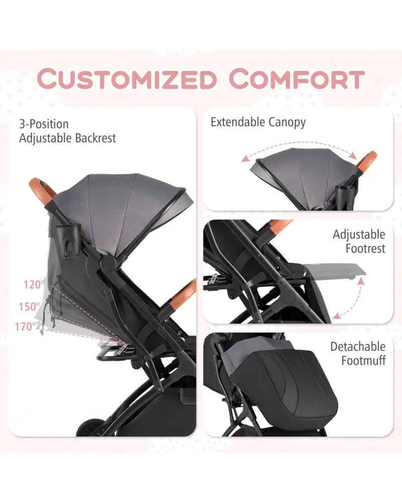 Lightweight Baby Stroller Compact Travel Stroller with One-Hand Folding-Gray - Gray - Baby Strollers