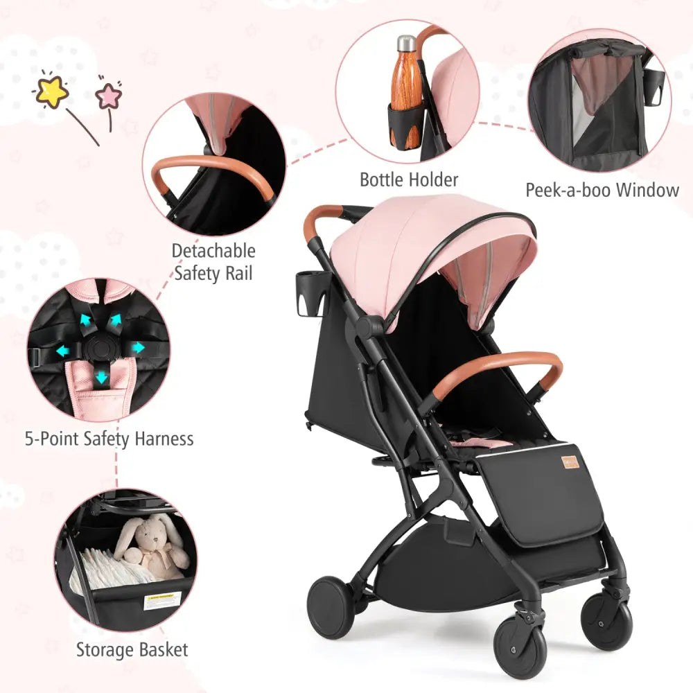 Lightweight Baby Stroller Compact Travel Stroller with One-Hand Folding-Pink - Pink - Baby Strollers