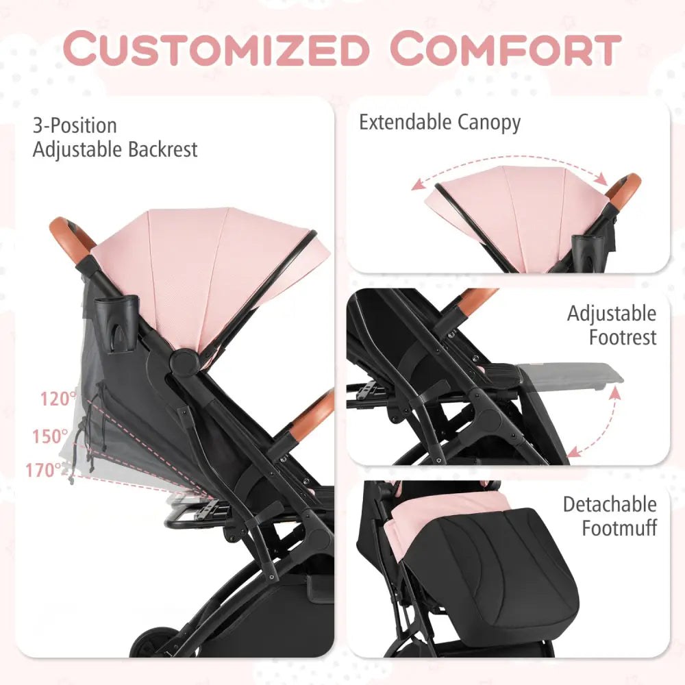 Lightweight Baby Stroller Compact Travel Stroller with One-Hand Folding-Pink - Pink - Baby Strollers