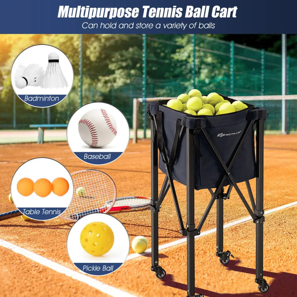 Lightweight Foldable Tennis Ball Teaching Cart with Wheels and Removable Bag-Blue - Blue - Sport Equipments
