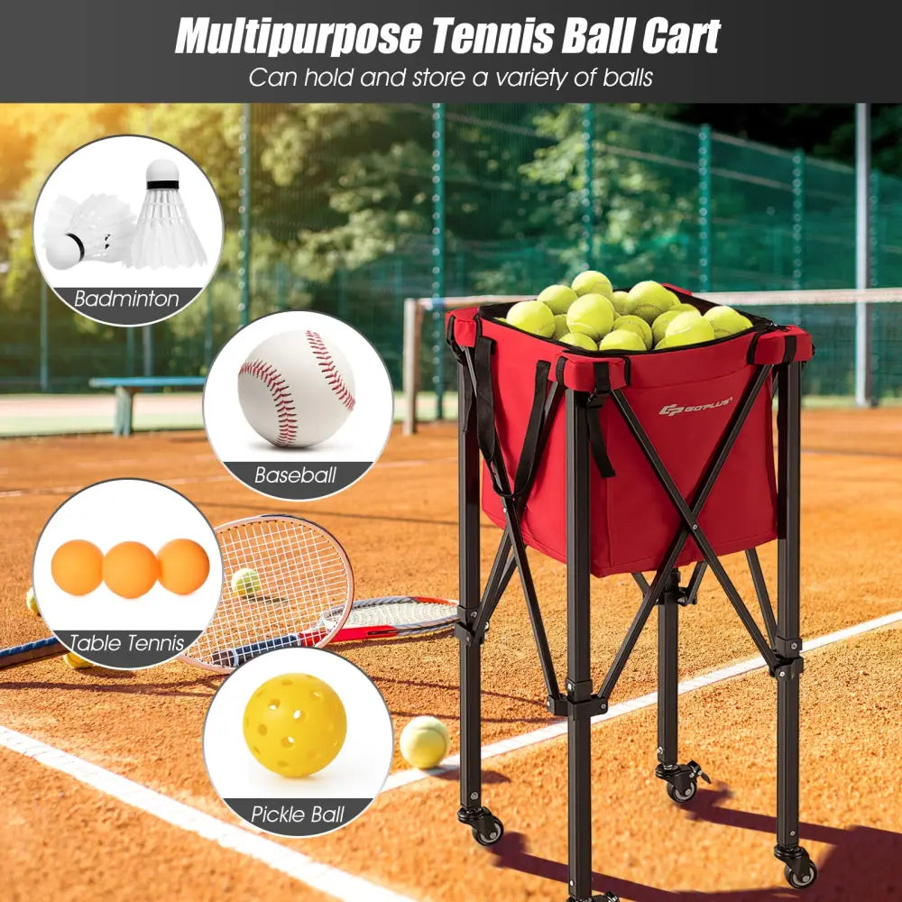 Lightweight Foldable Tennis Ball Teaching Cart with Wheels and Removable Bag-Red - Red - Sport Equipments