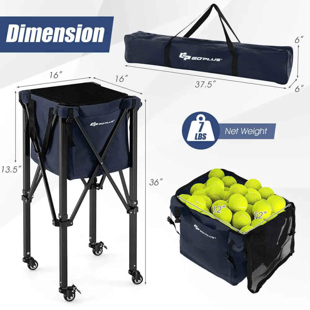 Lightweight Foldable Tennis Ball Teaching Cart with Wheels and Removable Bag-Blue - Blue - Sport Equipments