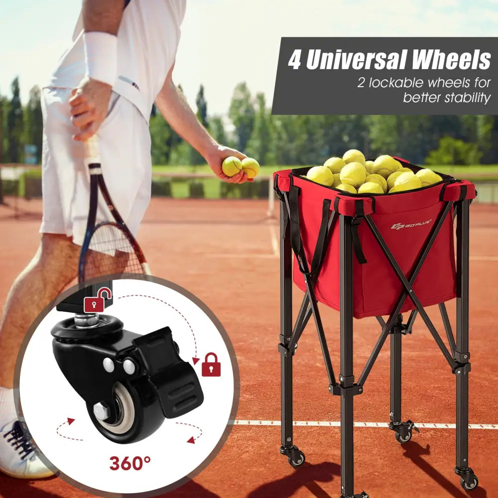 Lightweight Foldable Tennis Ball Teaching Cart with Wheels and Removable Bag-Red - Red - Sport Equipments